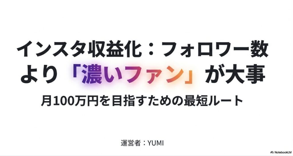 インスタ収益化においてフォロワー数より濃いファンが大事であることを解説した表紙スライド