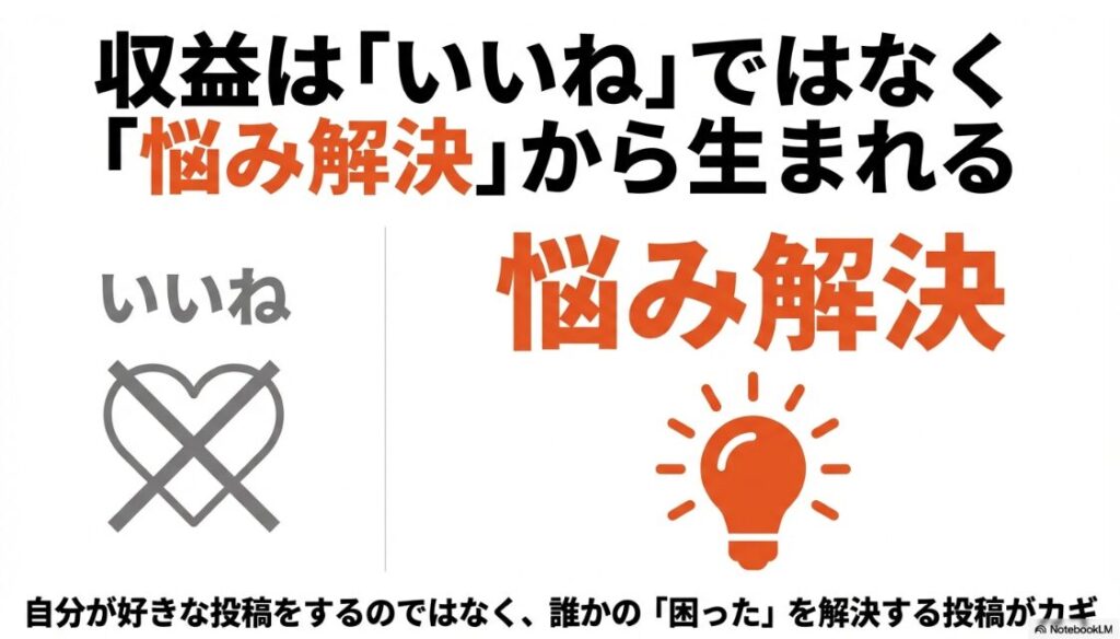 インスタで収益化しやすいジャンルと狙い目7選!インスタの収益化は自分が好きな投稿をするのではなく、誰かの「困った」という悩みを解決する投稿がカギになるという図解 。