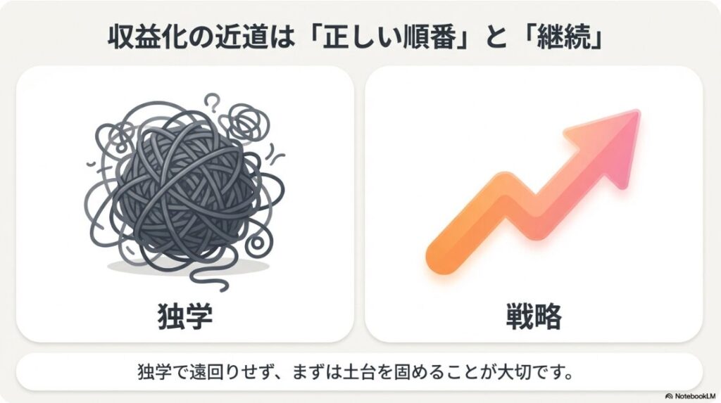 2026年版!インスタでお金を稼ぐ方法│独学で遠回りせず、正しい順番と継続でインスタ収益化の土台を固める重要性を示す図解