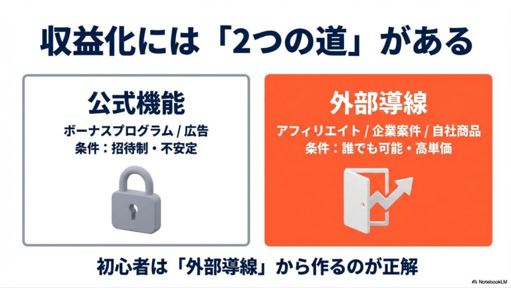 インスタのリールで収益化!日本の条件を解説|インスタリール収益化には、招待制の公式機能(ボーナスプログラム等)と、誰でも可能な外部導線(アフィリエイト・自社商品等)の2つの道がある