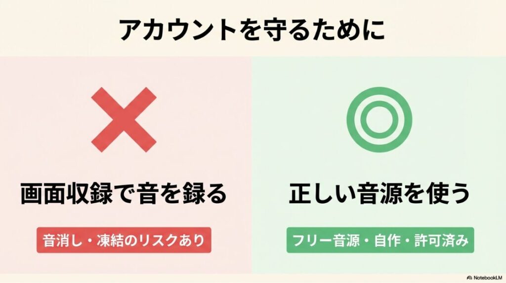 インスタにない曲を使う方法｜アカウント凍結を防ぐための注意点。画面収録での無断利用は避け、フリー音源などの正しい音源を使う