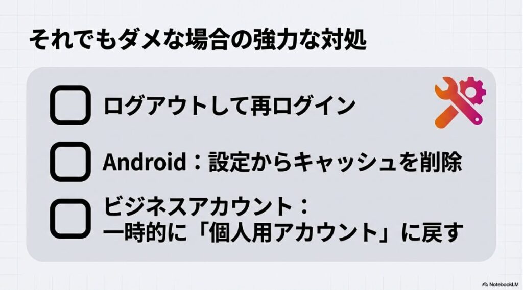 インスタのプロフィール音楽の消し方｜インスタの不具合で音楽が消えない時の対処法。再ログイン、Androidのキャッシュ削除、アカウント種別の切り替えを示す図解。