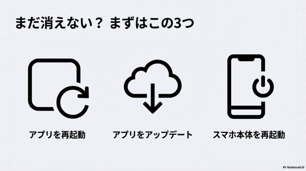 インスタのプロフィール音楽の消し方｜インスタの音楽が消えない時の対処法アイコン。アプリの再起動、アップデート、スマホ本体の再起動を示すイラスト。