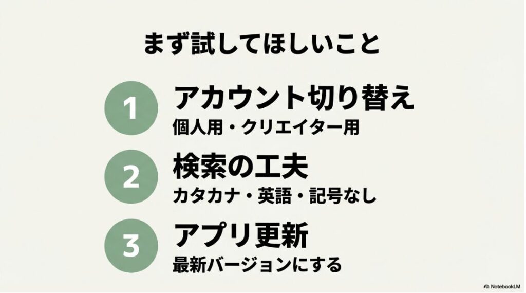 インスタにない曲を使う方法｜インスタで曲が出ない時に試すべき3つの解決策（アカウント切り替え、検索の工夫、アプリ更新）