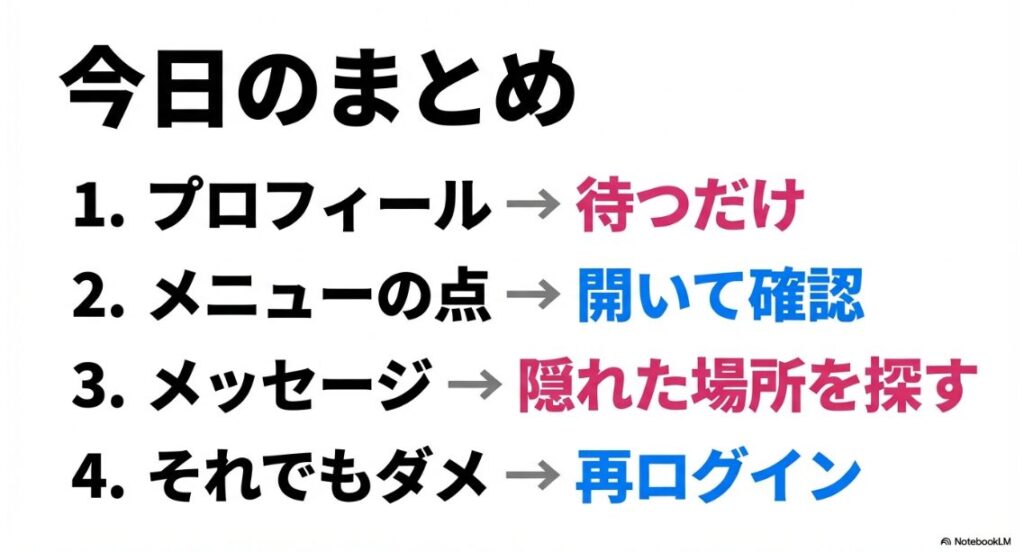 インスタの「New」マークはいつ消える？プロフィールは待つ、メニューの点は開いて確認、メッセージは隠れた場所を探す、それでもダメなら再ログインという本日のまとめ