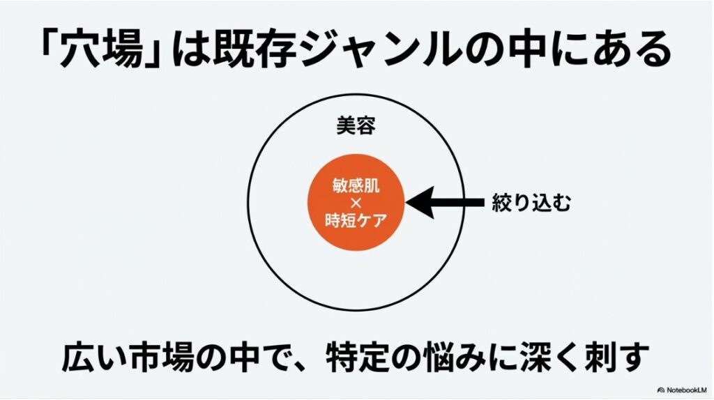 インスタで収益化しやすいジャンルと狙い目7選!広い市場の中で特定の悩みに深く刺すため、美容ジャンルの中から「敏感肌×時短ケア」のようにターゲットを絞り込む図解 。