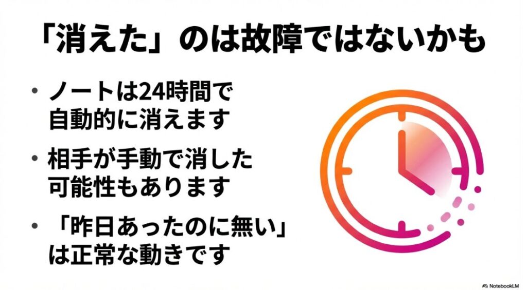 インスタのノートを見れない人:インスタのノートが昨日あったのに無いのは24時間で自動的に消える仕様であることを示す時計アイコン