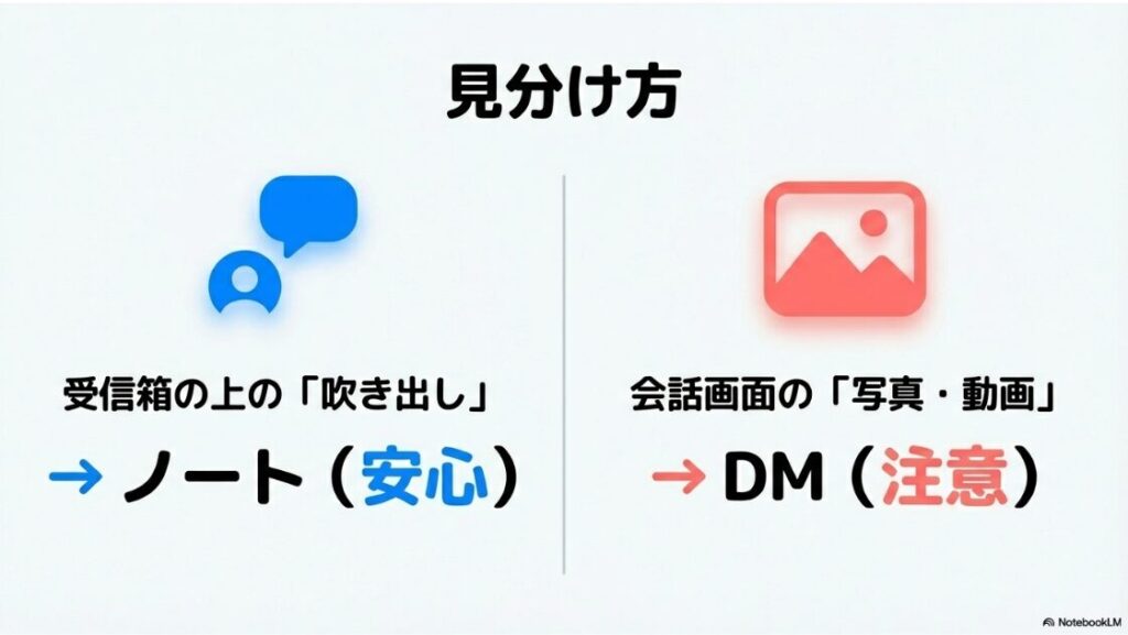 インスタのノートをスクショはバレる？受信箱の上の吹き出しはノートで安心、会話画面の写真や動画はDMで注意が必要という見分け方を解説するスライド