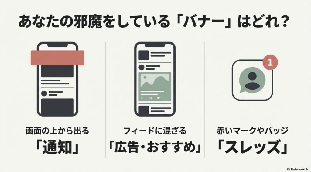 インスタのバナーを消す方法｜インスタの通知・広告・スレッズなど邪魔な表示を整理するイメージ