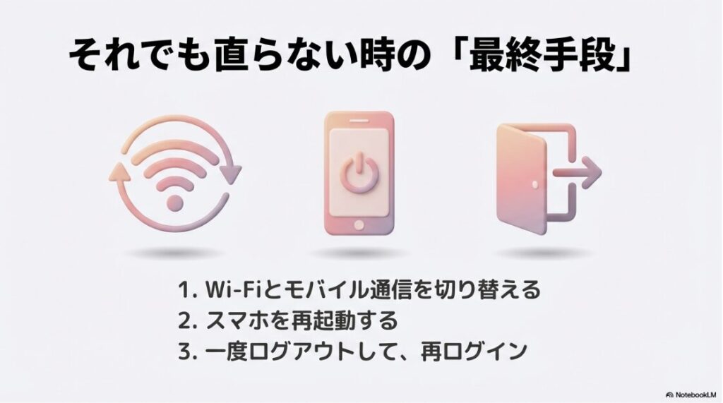 インスタの通知がこない？DMの原因：インスタの通知トラブルが設定を見直しても直らない時の最終手段である、通信の切り替え、スマホの再起動、ログアウトと再ログインの手順