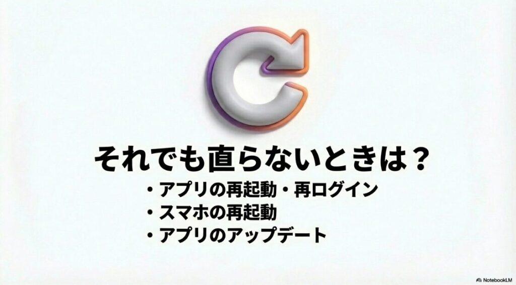 インスタの通知がこない？特定の人だけ：設定を見直しても直らない場合の、アプリの再起動や再ログイン、スマホ再起動、アプリのアップデートといった基本対処リスト