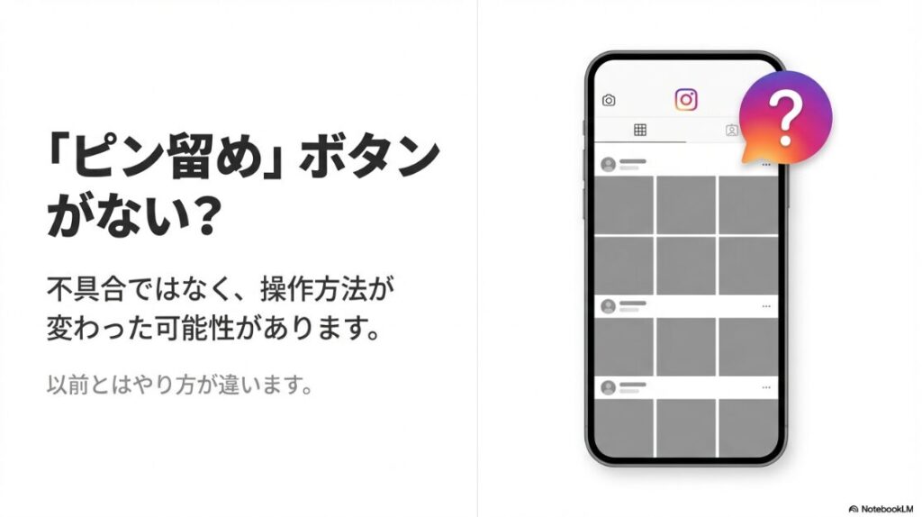 インスタでピン留めができない：インスタグラムのプロフィール画面でピン留めボタンが見当たらない状態のイメージ図