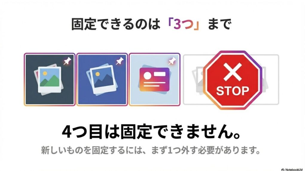 インスタでピン留めができない：インスタグラムのプロフィール固定は最大3つまでという上限警告のイメージ
