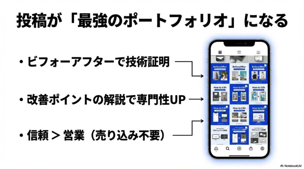 動画編集の副業は稼げないを脱却！Instagramのプロフィール画面のイメージ図。技術証明のためのビフォーアフター動画、専門性を伝える改善ポイント解説動画などがグリッド状に並び、投稿自体が実績になることを示しています 。