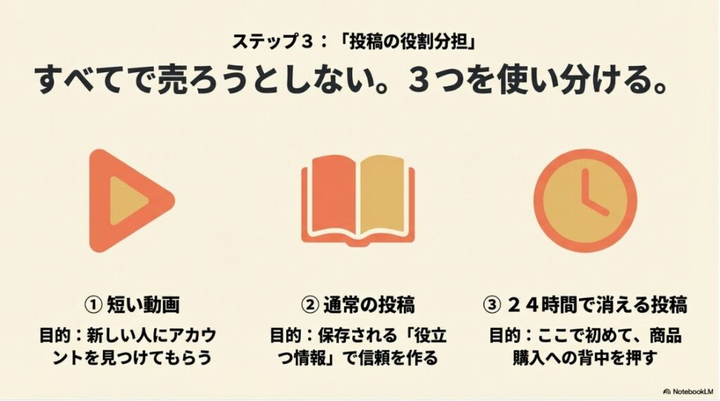 インスタで稼ぐ!収益化をアフィリエイトで:本と時計のアイコンが描かれた、ステップ3「投稿の役割分担」のスライド 。すべてで売ろうとせず、短い動画で新しい人に見つけてもらい、通常の投稿で信頼を作り、24時間で消える投稿で商品購入の背中を押すという3つの使い分けを解説しています 。