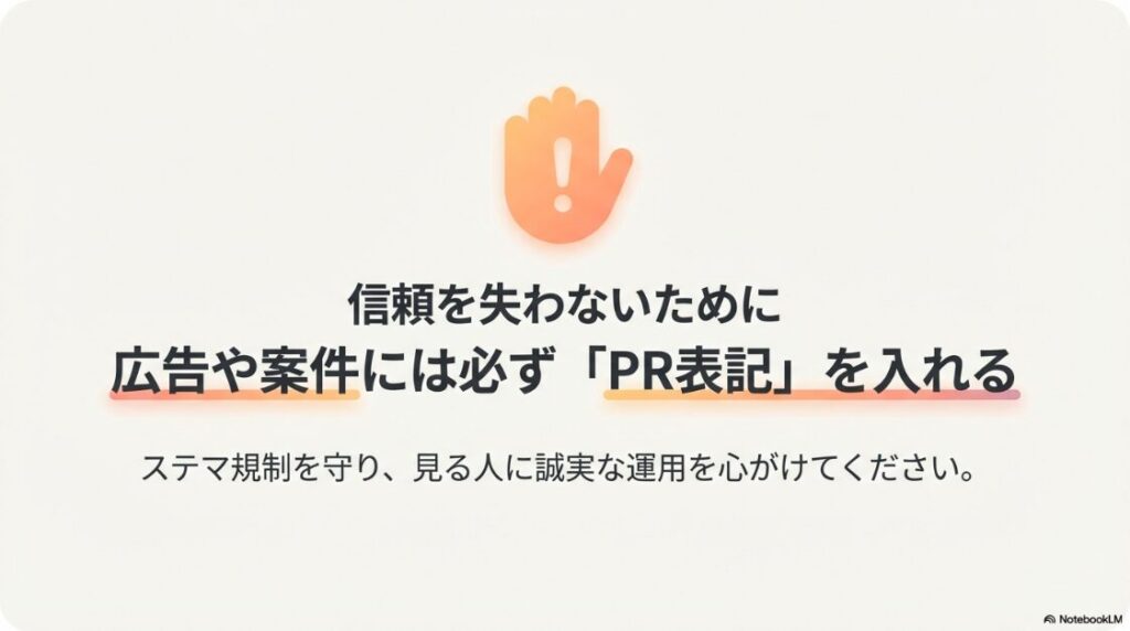 2026年版!インスタでお金を稼ぐ方法│ステマ規制を守り、広告や案件には必ずPR表記を入れるよう促す注意喚起の図解