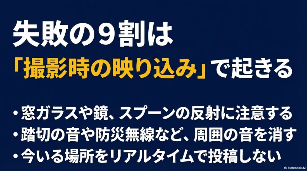 インスタで顔出しなしで稼ぐ完全戦略｜窓ガラスの反射や周囲の音など、リアルタイム投稿を避けて身バレを防ぐための撮影前の注意点