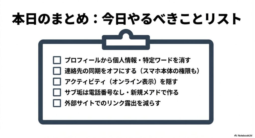 インスタで検索しても出てこないようにする設定：プロフィールの修正や連絡先同期オフなど、今日やるべき身バレ対策をまとめたチェックリスト画像