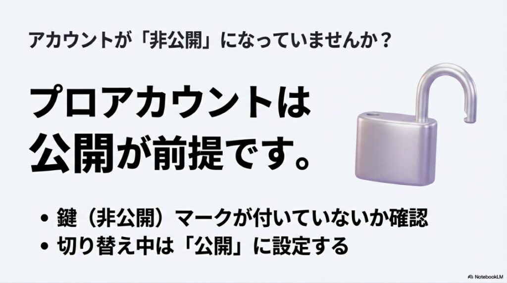 インスタのプロアカウントがステップ完了できない原因:インスタグラムのプロアカウントは公開が前提。非公開(鍵)マークがついていると設定が完了しない場合があるという警告