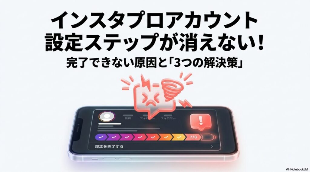 インスタのプロアカウントがステップ完了できない原因：Instagramプロアカウントの設定ステップが消えない原因と3つの解決策を解説したスライドの表紙