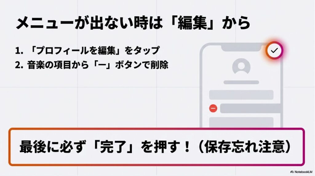インスタのプロフィール音楽の消し方｜プロフィールを編集ボタンから音楽の項目を選び、マイナスボタンで削除して完了を押すまでの手順図解。