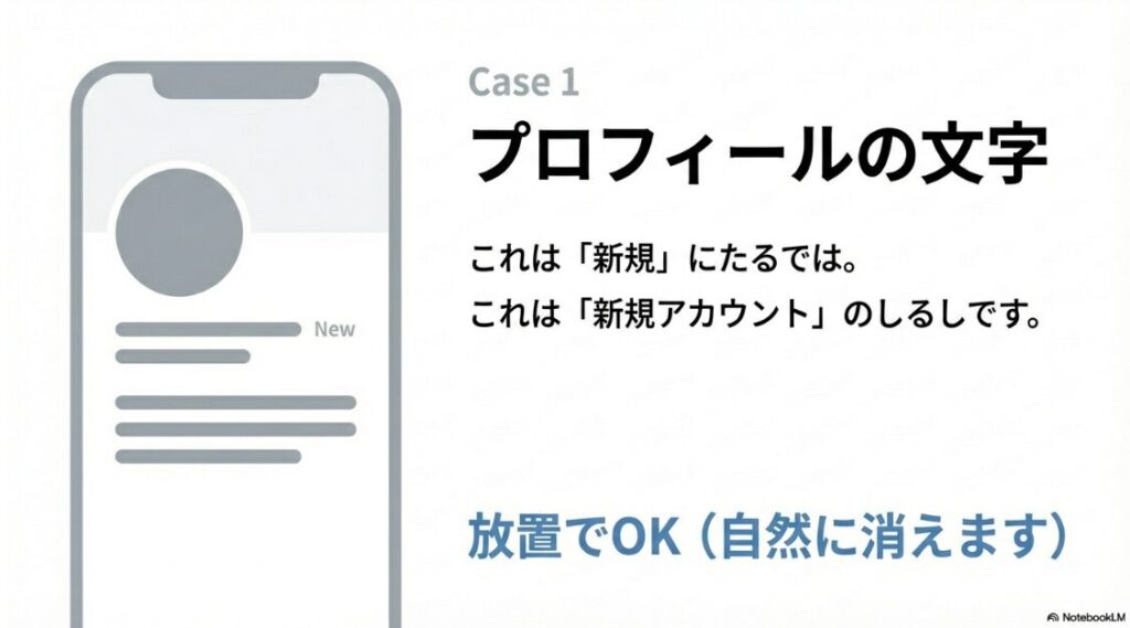 インスタの「New」マークはいつ消える？プロフィールの文字に出る「New」は新規アカウントのしるしであり、放置で自然に消えることを説明する図