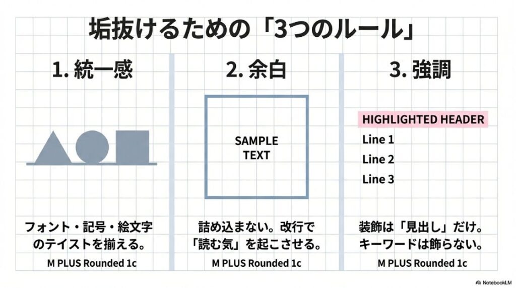 インスタの自己紹介でかわいいを作る：Instagramプロフィールをおしゃれに見せる3つの要素：統一感、余白、強調の解説図