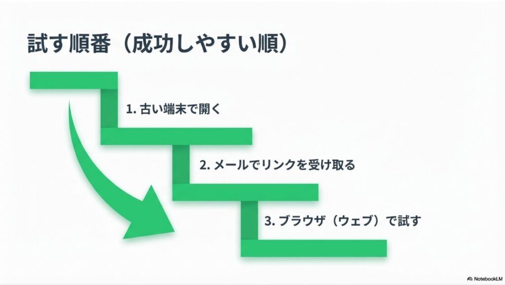 インスタで電話番号を変更後にログインできない：成功しやすい復旧手順として、1.古い端末で開く、2.メールでリンクを受け取る、3.ブラウザで試す、の順番を解説するスライド