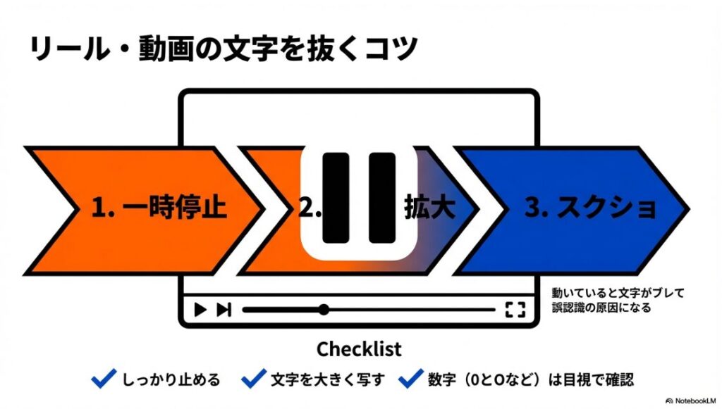 インスタの本文をコピーできない原因と解決策|インスタリールや動画内の文字をコピーするための3ステップ(一時停止・拡大・スクショ)