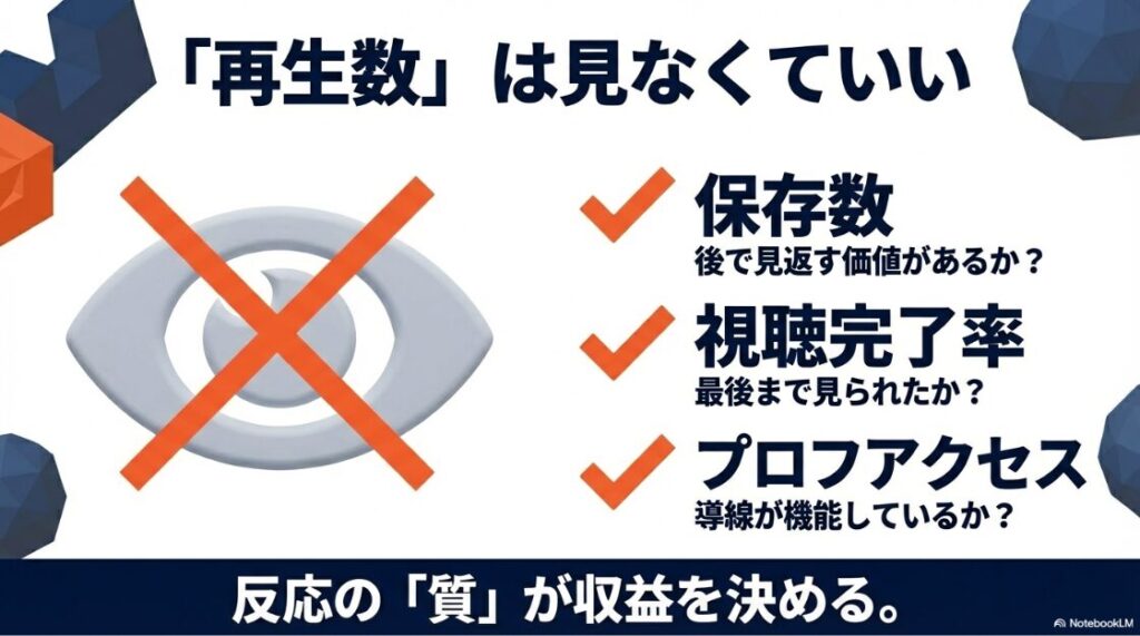インスタのリールで収益化!日本の条件を解説|再生数は見なくてよく、後で見返す価値があるかを示す保存数や、視聴完了率、プロフアクセスなど、反応の質が収益を決める