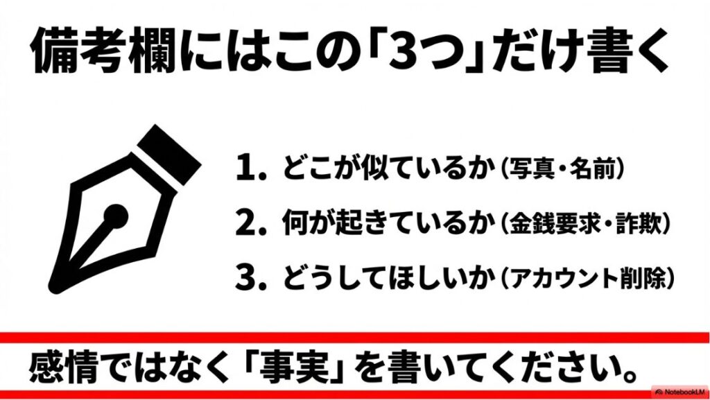 インスタのなりすましを報告しても削除されない：インスタグラムのなりすまし報告フォーム備考欄に記載すべき3つの必須項目（類似点、被害状況、要望）