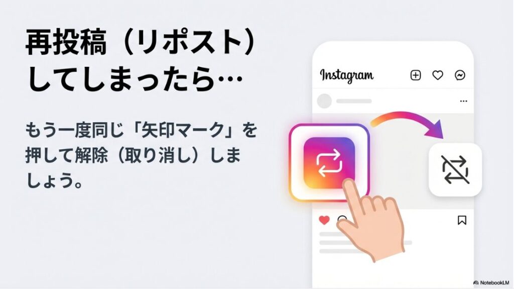 Instagramでリポストしてしまった際に、同じ矢印マークを再度タップして解除（取り消し）する手順。