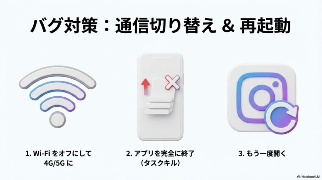 Wi-Fiの切り替えとInstagramアプリのタスクキル（再起動）の手順図