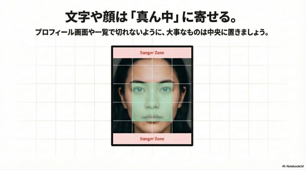 インスタの投稿サイズを混合：インスタグラム投稿でプロフィール画面や一覧表示で切れないように文字や顔を中央のセーフゾーンに配置する図