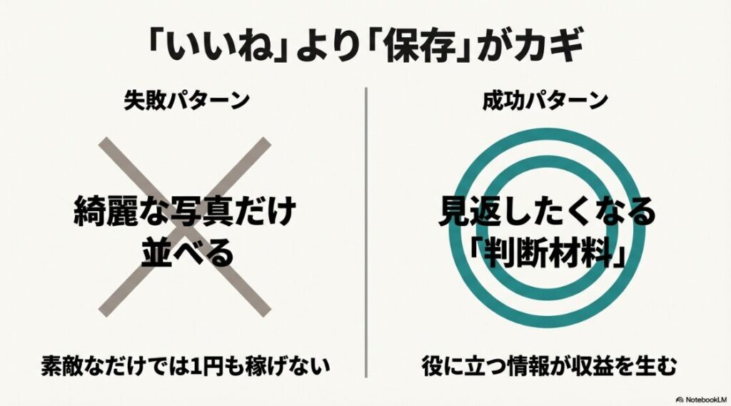 インスタで旅行を発信して稼ぐ！インスタグラム運用において、綺麗な写真だけを並べるのは失敗パターンであり、見返したくなる判断材料を入れることで保存を促すのが成功パターンであるという解説。