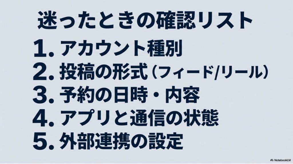 インスタの予約投稿ができない？プロアカウントなのに？アカウント種別、投稿形式、予約日時と内容、アプリと通信の状態、外部連携の設定など、迷ったときに確認すべき5つのリスト