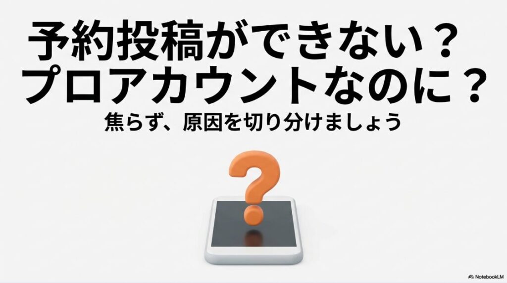 インスタの予約投稿ができない？プロアカウントなのに？予約投稿ができないトラブルの原因と対処法を示すタイトル画像