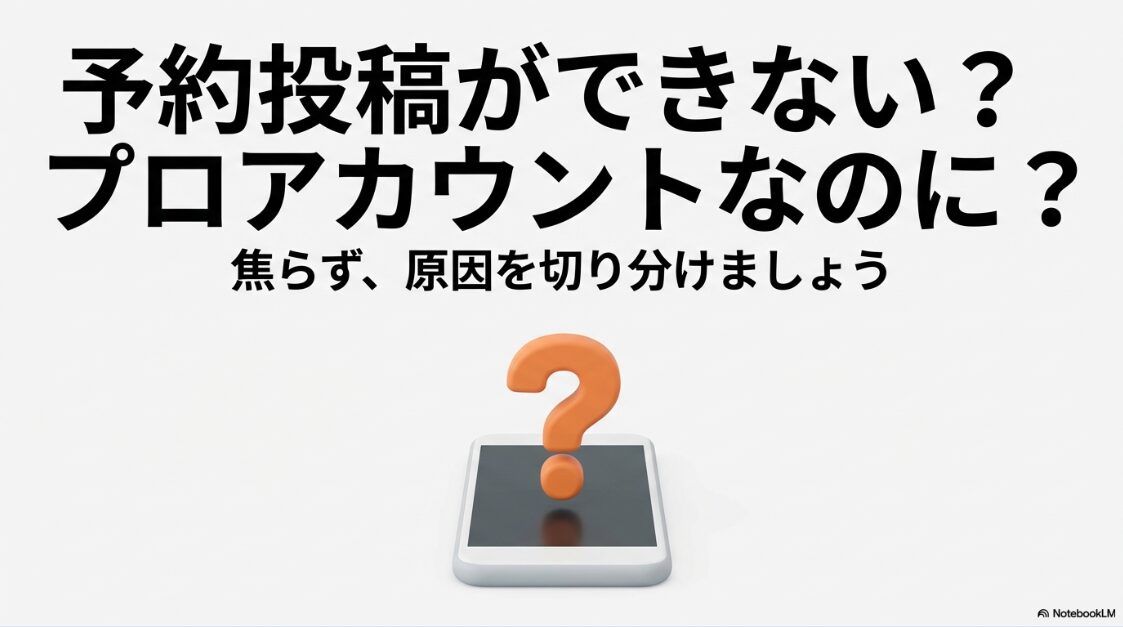 インスタの予約投稿ができない？プロアカウントなのに？予約投稿ができないトラブルの原因と対処法を示すタイトル画像