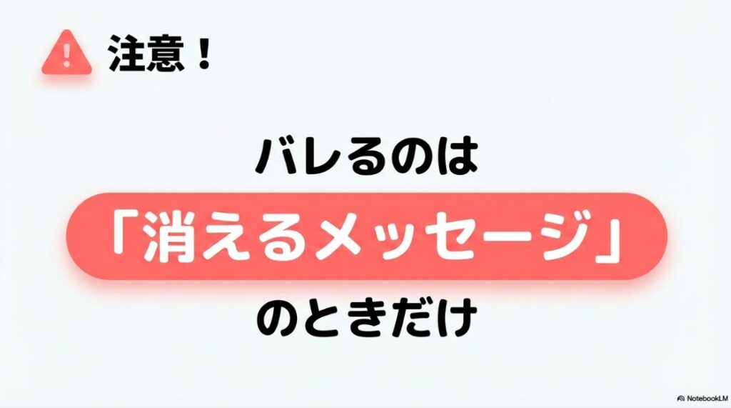 インスタのノートをスクショはバレる？インスタグラムでスクショがバレるのは「消えるメッセージ」を使ったときだけであると注意喚起するスライド