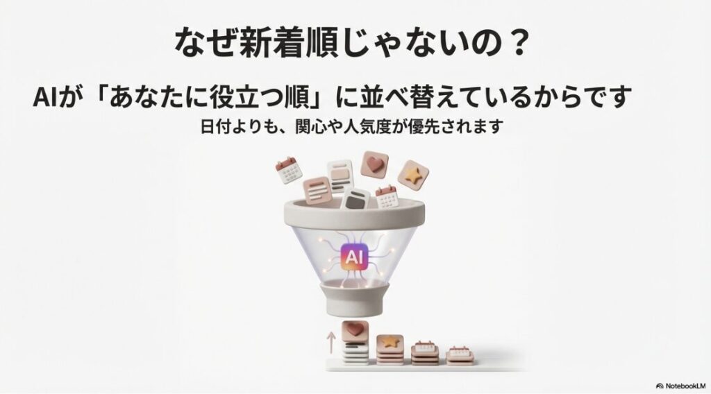 インスタの検索で新着順：Instagramの検索アルゴリズムがAIを使って関心度や人気度を優先し、新着順ではなく「あなたに役立つ順」に並べ替える仕組みのイメージ図。