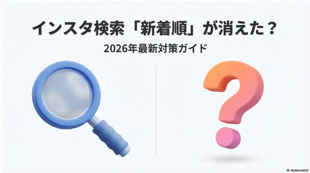 インスタグラムの検索で新着順が消えた問題についての2026年最新対策ガイド。疑問符の3Dイラスト。