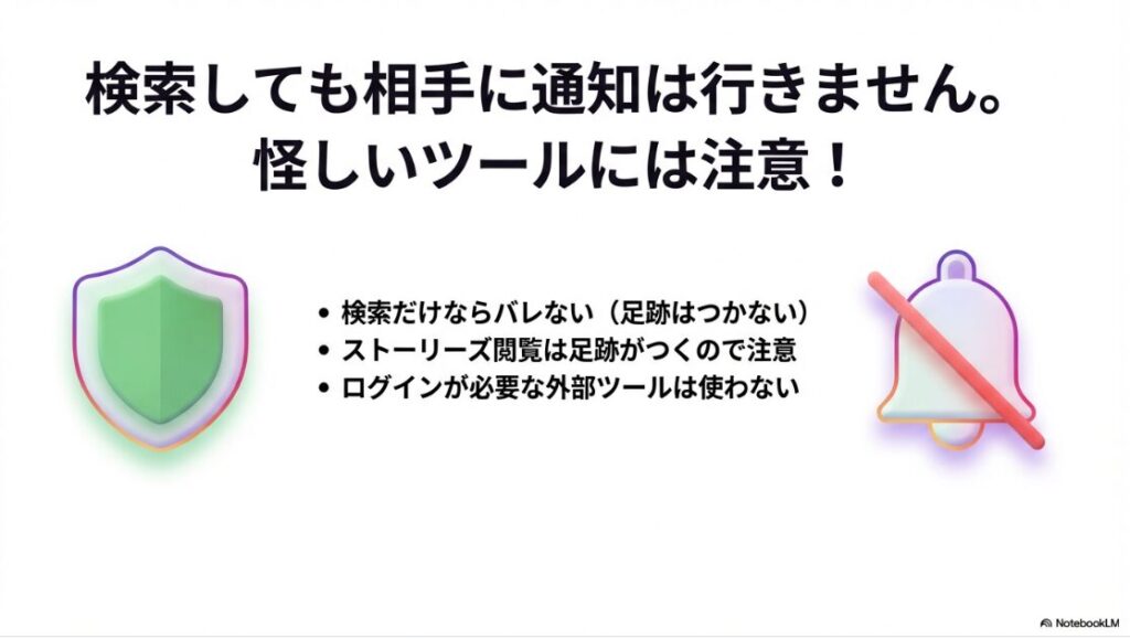 インスタで日付検索のやり方完全ガイド｜インスタグラムで検索しても相手に通知は行かないが、ストーリーズ閲覧や外部ツール利用には注意が必要であることを示した図