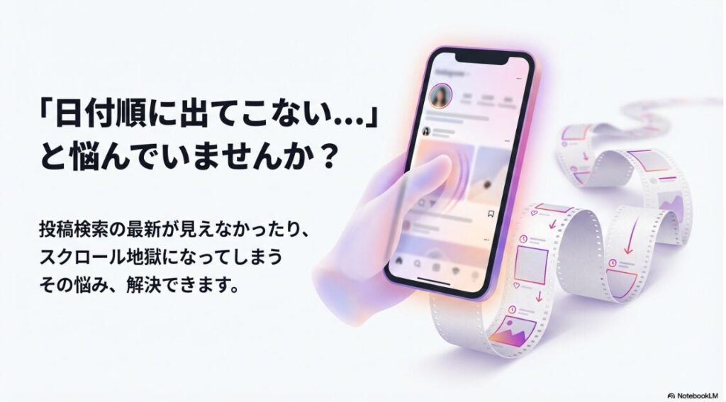 インスタで日付検索のやり方完全ガイド｜インスタで過去の投稿が日付順に出てこず、スクロールしても見つからない悩みの図解