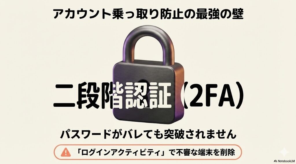 インスタの設定とプライバシーがない?どこ?インスタのアカウント乗っ取り防止に必須の二段階認証(2FA)。パスワードがバレても突破されず、ログインアクティビティで不審な端末を削除する対策