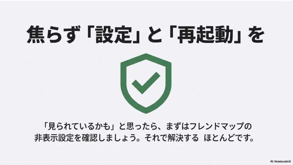 インスタの位置情報がオフなのにできない原因：設定確認と再起動を行い、位置情報のセキュリティ対策が完了したことを示すチェックマーク