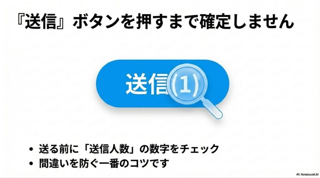送信ボタンにある「送信(1)」という数字を虫眼鏡で強調している画像。