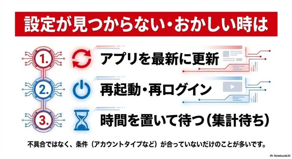 インスタの閲覧数を非表示にできない：インスタの設定が見つからない時の対処法：アプリ更新、再起動、時間を置いて待つ