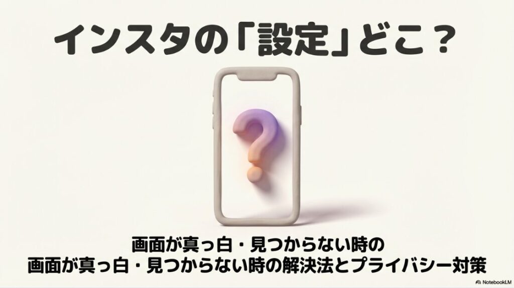 インスタの設定とプライバシーがない？どこ？インスタグラムの設定とプライバシー画面が真っ白で見つからない時の解決法と、身バレを防ぐプライバシー対策の解説スライド