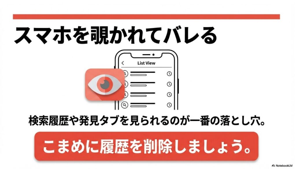 インスタの検索履歴はバレる？スマートフォンの検索履歴一覧や発見タブを直接見られることでバレるリスクと、こまめな削除の重要性