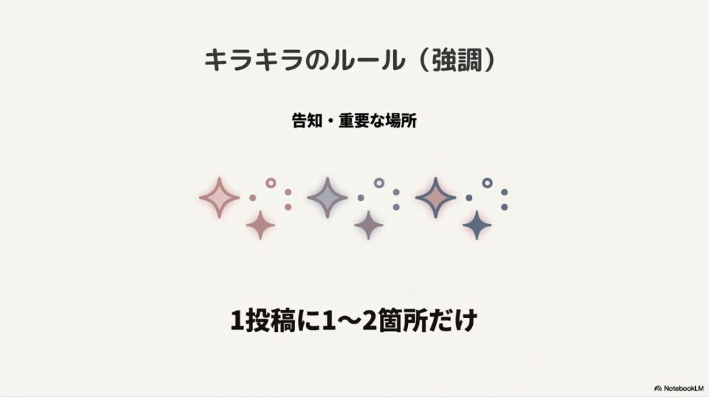 インスタの区切り線のおしゃれ素材：告知や重要な場所など、1投稿につき1箇所から2箇所だけに絞って強調するキラキラの区切り線ルールを解説したスライド